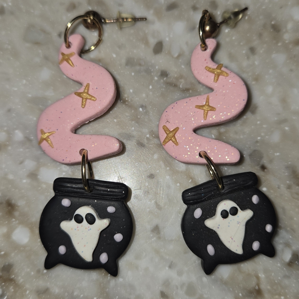 Handmade Pink and Black Ghost Cauldron Earrings